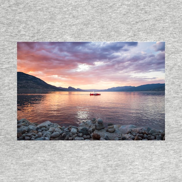 Dramatic Sunset and Boat on Okanagan Lake by Amy-K-Mitchell